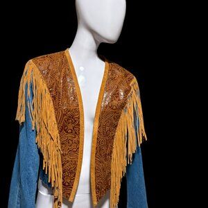 Fringed Jean Jacket with Brown and Blue Accents